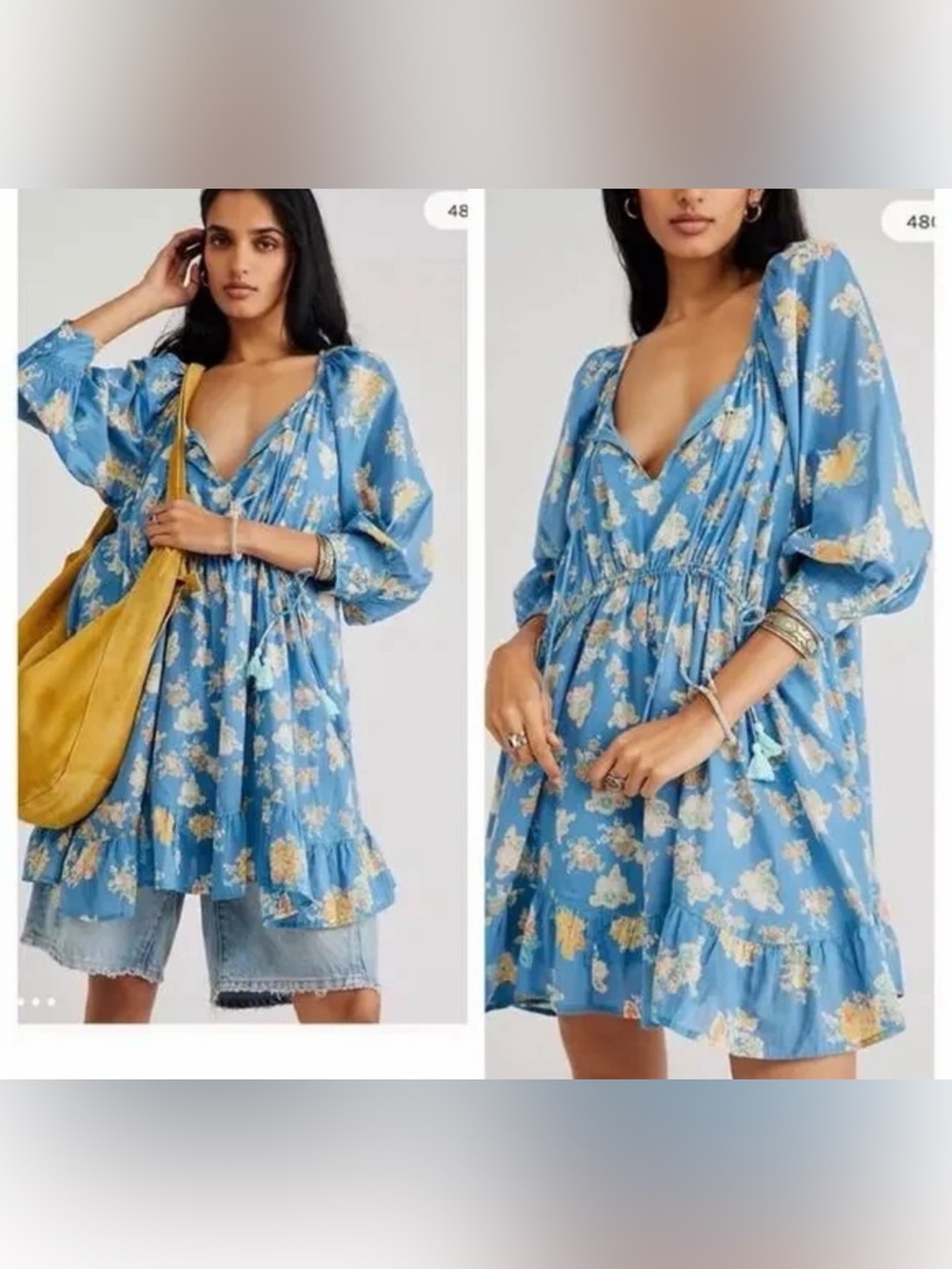 Free People Light Blue Floral V-Neck Smock Mini Dress